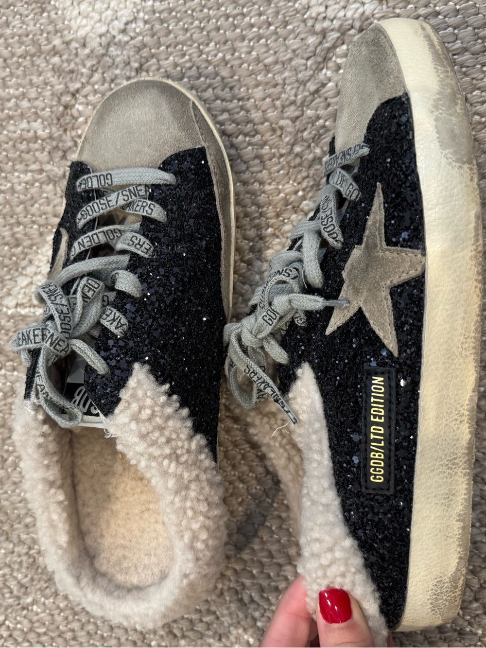 Golden Goose Deluxe Brand Super-Star Shearling Glitter Sneakers Black Size 37